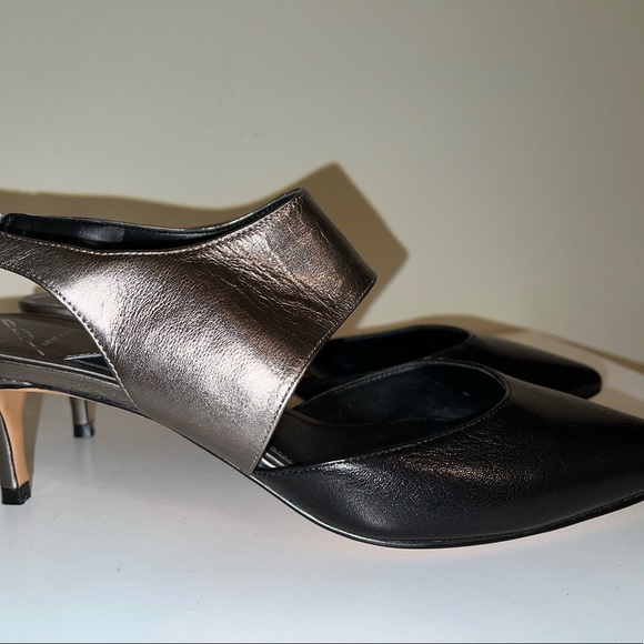Brian Atwood black/gray metallic leather kitten heel Slingback shoes Sz 10 - Picture 4 of 8